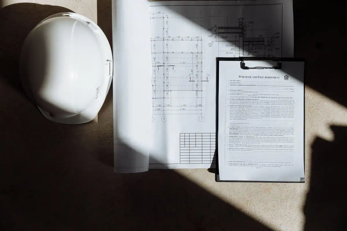 Documente de construcție și cască de protecție pe masă, văzute de sus