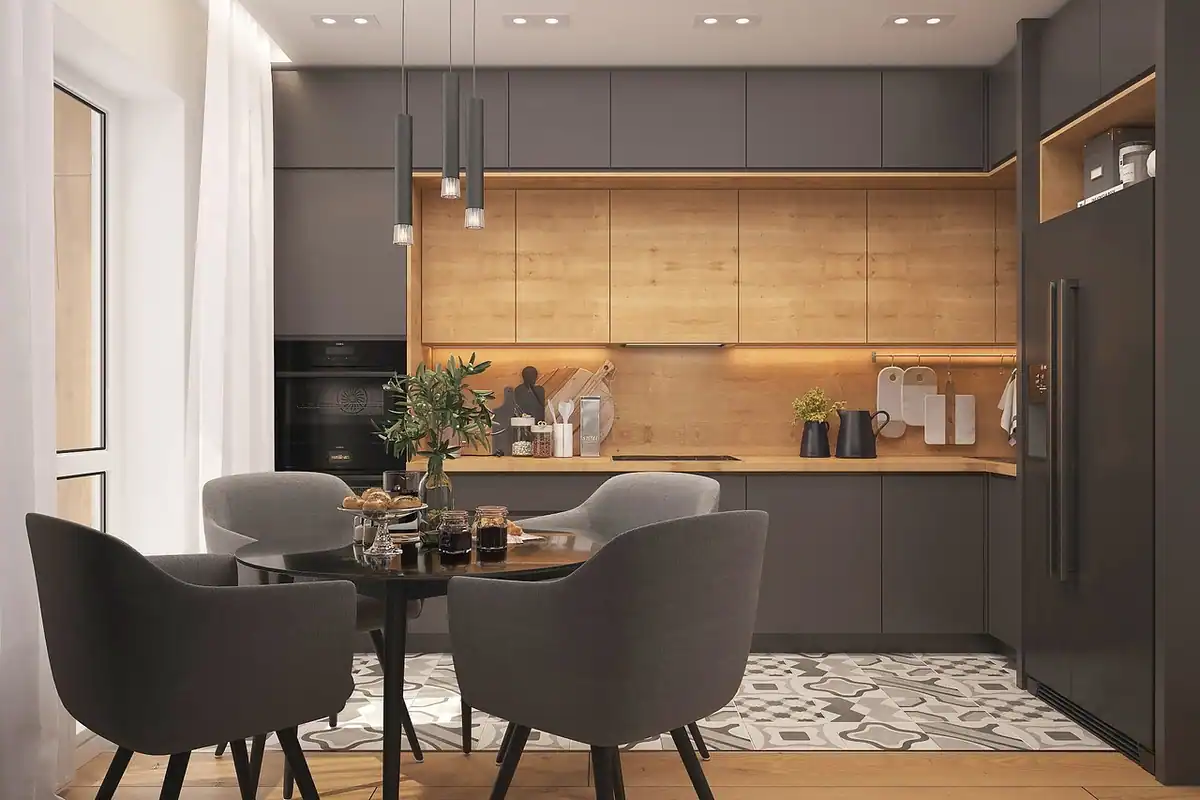 Bucătărie modernă într-un apartament, cu mobilier simplu și design de interior curat