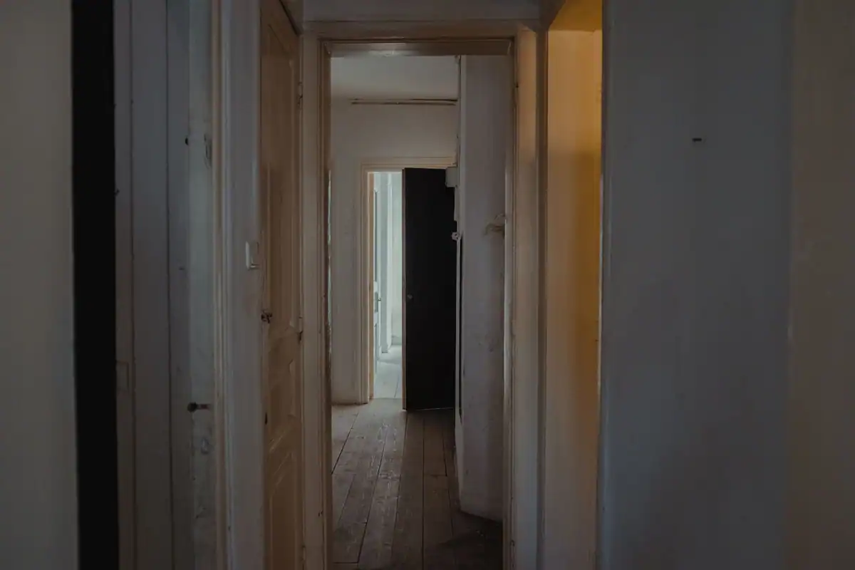 Hol de apartament cu uși de lemn și pardoseală continuă